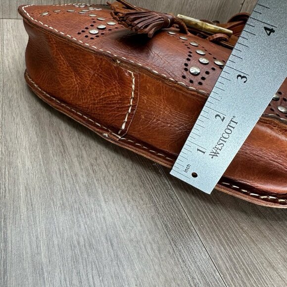 Vintage Studded Shoulder Purse Tassel Flap Adjustable Leather Brown - Picture 13 of 13